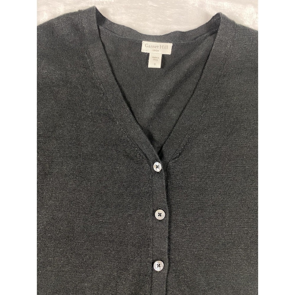 Garnet Hill 100% Linen Knit Cardigan Sweater Women Sz S Black Coastal Minimalist - Picture 7 of 13